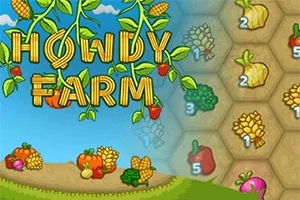 호박, 옥수수, 무와 같은 다양한 농작물이 포함된 농장 테마의 일러스트, HOWDY FARM이라는 글자