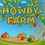 호박, 옥수수, 무와 같은 다양한 농작물이 포함된 농장 테마의 일러스트, HOWDY FARM이라는 글자