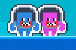 파란색과 분홍색 픽셀 캐릭터가 헬멧을 쓰고 나란히 서 있는 모습