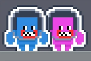 파란색과 분홍색의 네모난 픽셀 아바타가 어깨를 맞대고 서 있는 장면