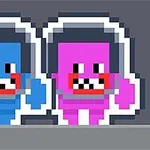 파란색과 분홍색의 네모난 픽셀 아바타가 어깨를 맞대고 서 있는 장면