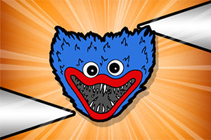 파란 털과 큰 입을 가진 웃는 얼굴이 주황색 배경 위에 그려져 있습니다