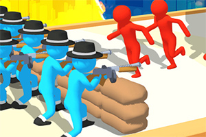 파란색 캐릭터들이 모자와 총기를 들고 방어벽 뒤에서 붉은색 캐릭터들을 향해 조준하는 장면