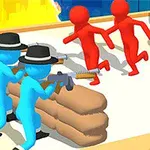 파란색 캐릭터들이 모자와 총기를 들고 방어벽 뒤에서 붉은색 캐릭터들을 향해 조준하는 장면