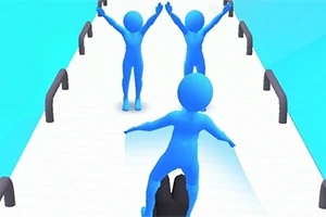 파란색 스틱맨 세 명이 다리 위에서 다양한 포즈를 취하며 정렬해 있다