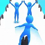 파란색 스틱맨 세 명이 다리 위에서 다양한 포즈를 취하며 정렬해 있다