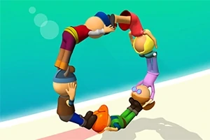 여섯 명의 만화 캐릭터들이 원형으로 연결되어 바다를 배경으로 서 있는 모습