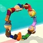 여섯 명의 만화 캐릭터들이 원형으로 연결되어 바다를 배경으로 서 있는 모습