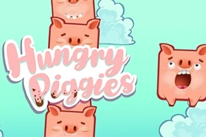 하늘과 구름을 배경으로 다양한 표정을 짓고 있는 귀여운 돼지 캐릭터와 Hungry Piggies라는 글자가 있는 이미지