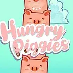 하늘과 구름을 배경으로 다양한 표정을 짓고 있는 귀여운 돼지 캐릭터와 Hungry Piggies라는 글자가 있는 이미지