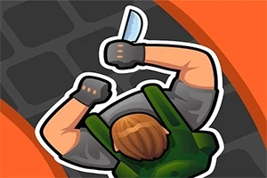 주황색 배경에 나이프를 든 군복 차림의 캐릭터가 위에서 아래를 내려다보고 있는 이미지