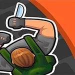 주황색 배경에 나이프를 든 군복 차림의 캐릭터가 위에서 아래를 내려다보고 있는 이미지