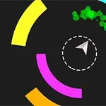 어두운 배경에 다양한 색상의 원형 아치와 중앙에 작은 화살표와 녹색 점들