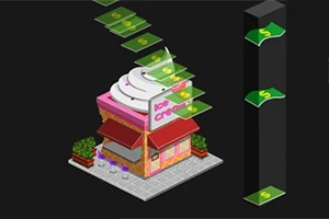 아이스크림 가게 위로 날아다니는 지폐 이미지