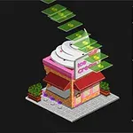 아이스크림 가게 위로 날아다니는 지폐 이미지