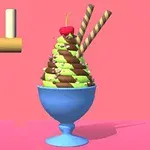 파스텔 핑크 배경에 초콜릿과 녹차 아이스크림이 층층이 쌓인 파르페, 체리, 과자 스틱이 장식된 푸른 잔과 왼쪽에 세 가지 색의 막대기