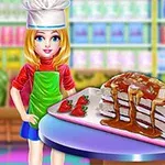 제복을 입은 소녀가 딸기와 캐러멜 시럽이 얹어진 케이크 옆에 서 있는 모습