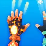 왼쪽 손은 불꽃 무늬와 오렌지색 보석을 가진 장갑을 끼고 있으며, 오른쪽 손은 파란색 반짝이는 보석과 눈송이 문양이 있는 장갑을 착용하고 있다