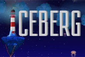 우주 속 하늘에 떠 있는 등대와 ICEBERG 텍스트