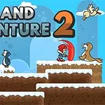 두 캐릭터가 눈 덮인 플랫폼 위에서 펭귄과 바다사자 옆을 지나가고 있는 장면