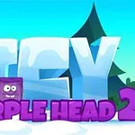 파란 하늘 배경에 얼음 블록 글자와 보라색 캐릭터가 있는 장면