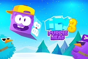 보라색 모자와 안경을 쓴 새들 사이에 노란 모자를 쓴 보라색 캐릭터 큐브가 있는 겨울 배경