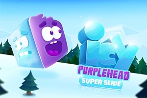 보라색 얼굴을 가진 얼음 블록이 눈 덮인 배경에서 부유하고 있으며, 전면에 ICY PURPLEHEAD SUPER SLIDE라는 텍스트가 있습니다
