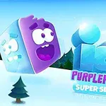 보라색 얼굴을 가진 얼음 블록이 눈 덮인 배경에서 부유하고 있으며, 전면에 ICY PURPLEHEAD SUPER SLIDE라는 텍스트가 있습니다