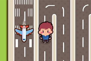 비행기 옆에 서 있는 귀여운 캐릭터와 활주로