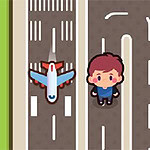 비행기 옆에 서 있는 귀여운 캐릭터와 활주로