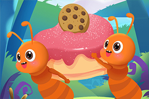 두 마리의 귀여운 주황색 개미가 핑크색 아이싱과 쿠키가 올려진 도넛을 들고 있는 모습