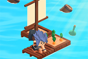 파란 머리의 캐릭터가 작은 나무 뗏목 위에서 상자 곁에 있는 모습을 배경으로 합니다