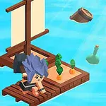 파란 머리의 캐릭터가 작은 나무 뗏목 위에서 상자 곁에 있는 모습을 배경으로 합니다