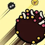 배경에 다양한 색상의 귀여운 만화 캐릭터들이 포함된 큰 갈색 원형 물체 이미지