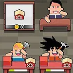 캐릭터 세 명이 각각 나무 망치로 작업대를 두드리는 모습