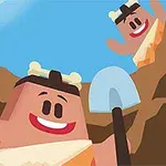 웃고 있는 두 캐릭터가 삽을 들고 굴 속에 있는 모습