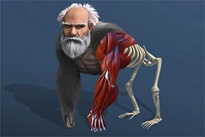 노인 얼굴을 가진 생물이 근육 조직과 뼈 구조가 드러난 팔을 갖고 서 있는 모습