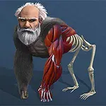 노인 얼굴을 가진 생물이 근육 조직과 뼈 구조가 드러난 팔을 갖고 서 있는 모습