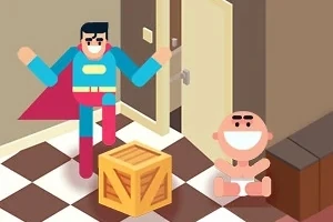 슈퍼히어로 복장의 남자가 나무 상자와 아기 옆에 서 있는 장면