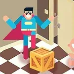 슈퍼히어로 복장의 남자가 나무 상자와 아기 옆에 서 있는 장면