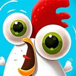 커다란 초록색 눈과 빨간 볏을 가진 만화 스타일의 즐거워 보이는 닭