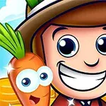 캐릭터가 미소를 지으며 삽을 들고 있고, 옆에는 눈이 달린 당근이 있으며, 배경에 금화가 쌓여 있다