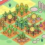 밭에 다양한 작물이 자라고 있으며, 농부가 삽을 들고 있는 모습