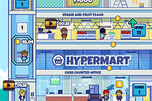 만화 스타일의 고층 건물 내부에 식료품 매장과 사무실이 여러 층에 배치되어 있고 사람들이 활동하고 있는 모습