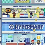 만화 스타일의 고층 건물 내부에 식료품 매장과 사무실이 여러 층에 배치되어 있고 사람들이 활동하고 있는 모습