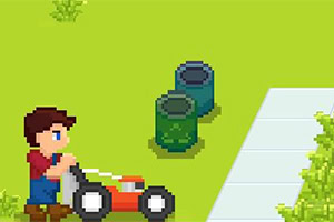 픽셀 아트 스타일로 잔디 깎는 소년과 두 개의 쓰레기통이 있는 장면