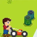 픽셀 아트 스타일로 잔디 깎는 소년과 두 개의 쓰레기통이 있는 장면