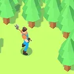 초록색 나무들로 둘러싸인 숲 속에서 도끼를 든 사람