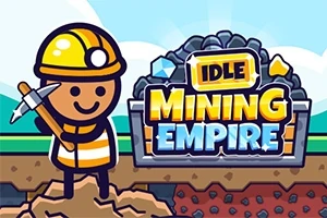 광부 복장을 한 귀여운 캐릭터가 곡괭이를 들고 있으며, 뒤에는 돌더미와 IDLE MINING EMPIRE라는 문구가 보인다