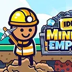 광부 복장을 한 귀여운 캐릭터가 곡괭이를 들고 있으며, 뒤에는 돌더미와 IDLE MINING EMPIRE라는 문구가 보인다